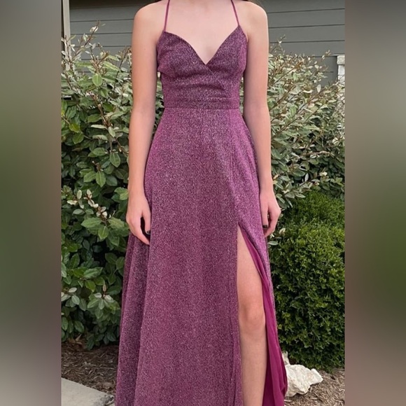 Lulu’s Truly Dazzling Magenta Purple Multi Glitter Sparkle Spaghetti Straps Gown - Picture 2 of 11